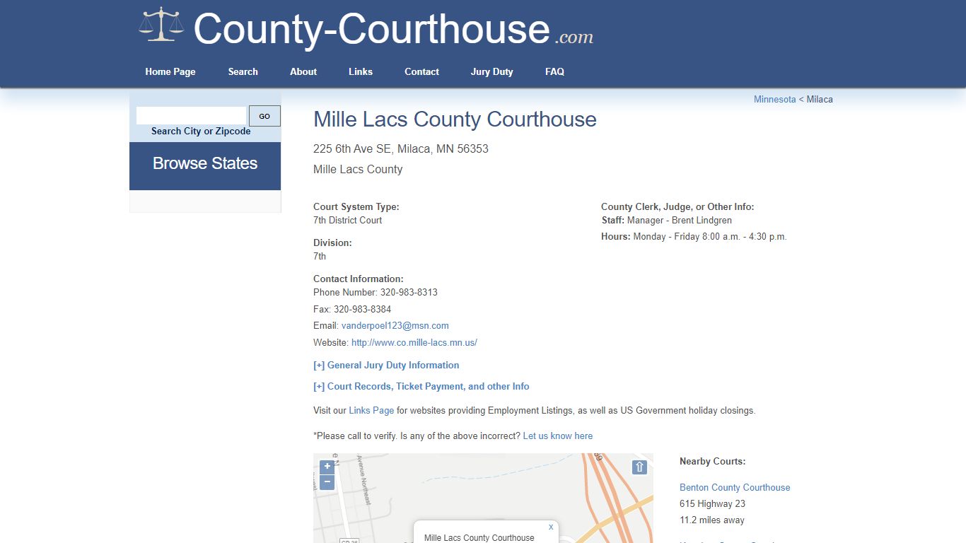 Mille Lacs County Courthouse in Milaca, MN - Court Information